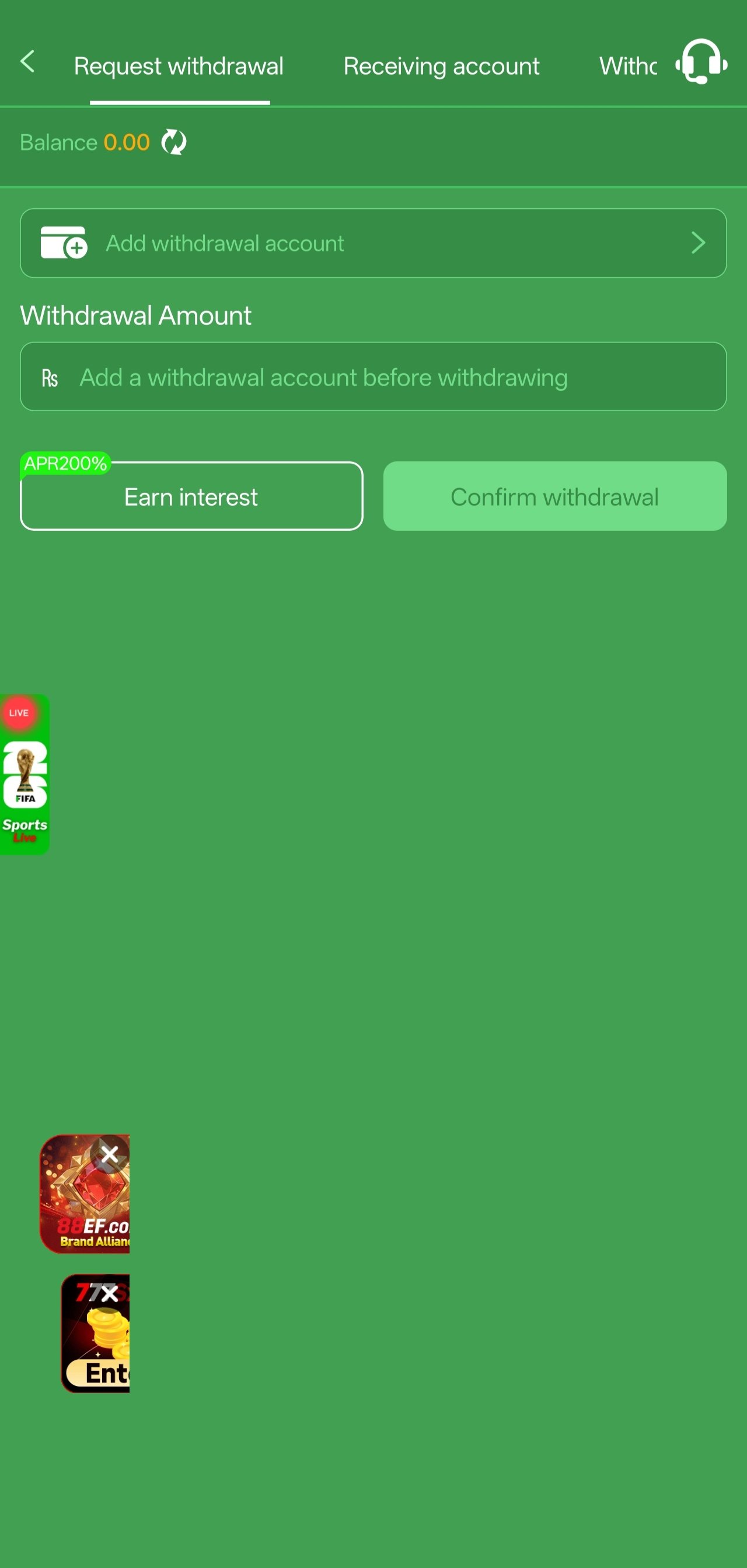 777cx app withdrawal screen